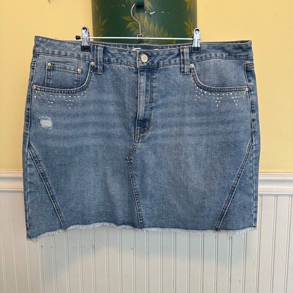 Seven7 Womens Denim Mini Skirt With Rhinestone Accents & Raw Hem Size 18 - Picture 1 of 6